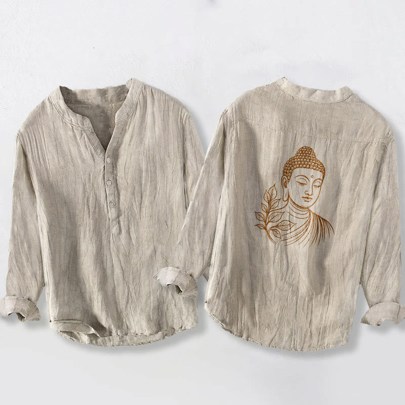 Koszula męska z długim rękawem z bawełny i lnu, z Buddha Stones, spokojny wzór liści Buddy, zapinana na pół guziki - Bielizna - US/UK/AU50, EU60 (5XL) - image 6