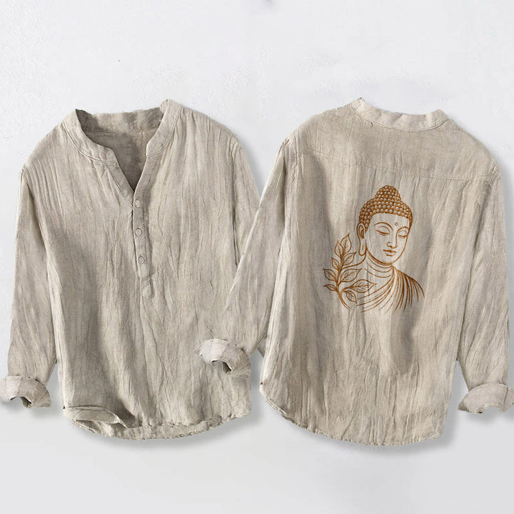 Koszula męska z długim rękawem z bawełny i lnu, z Buddha Stones, spokojny wzór liści Buddy, zapinana na pół guziki - Bielizna - US/UK/AU50, EU60 (5XL) - image 6
