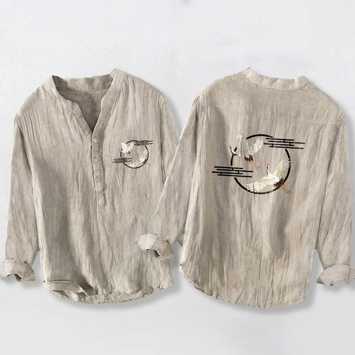 Koszula męska z długim rękawem z bawełny i lnu z motywem wznoszącego się białego żurawia i Buddha Stones - Bielizna - US/UK/AU50, EU60 (5XL) - image 6