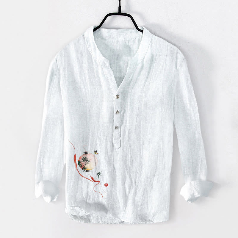 Koszula męska z długim rękawem z bawełny i Buddha Stones, z motywem motyla i bambusowej latarni, z półguzikami - Biały - US/UK/AU50, EU60 (5XL) - image 3