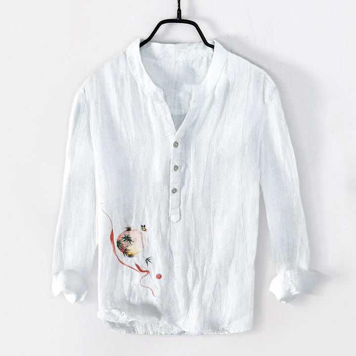 Koszula męska z długim rękawem z bawełny i Buddha Stones, z motywem motyla i bambusowej latarni, z półguzikami - Biały - US/UK/AU50, EU60 (5XL) - image 3