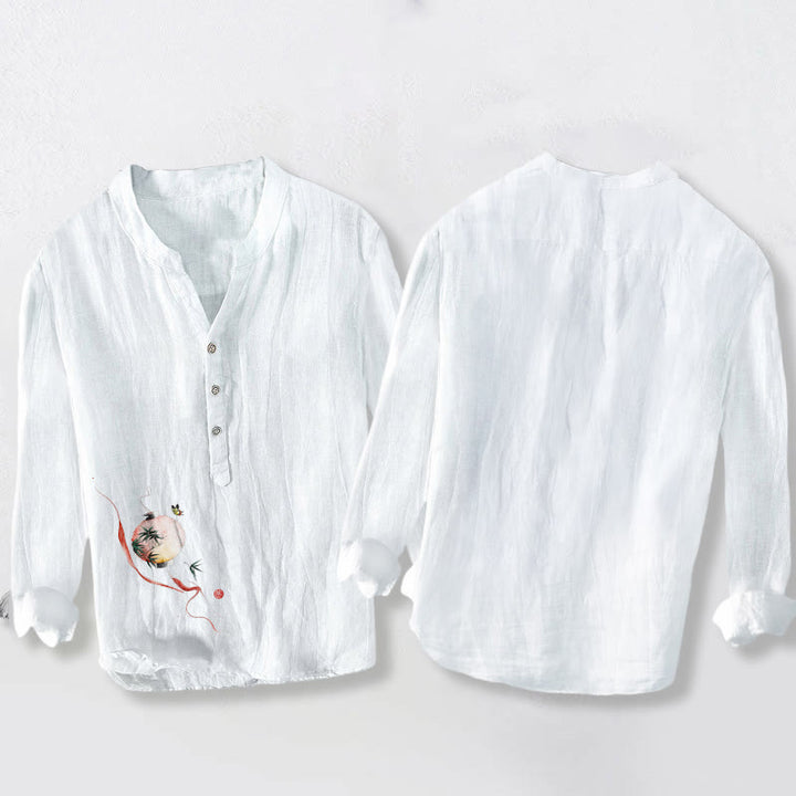 Koszula męska z długim rękawem z bawełny i Buddha Stones, z motywem motyla i bambusowej latarni, z półguzikami - image 5