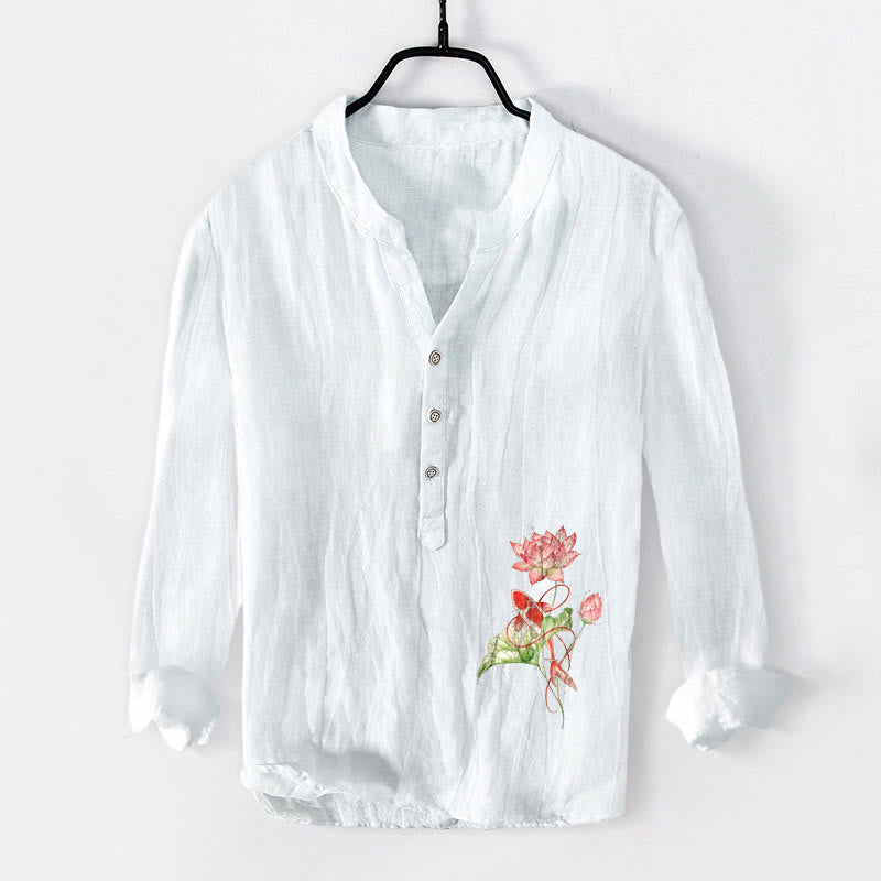 Buddha Stones męska z długim rękawem z bawełny i lnu z motywem pływających ryb Koi i motywem lotosu - Biały - US/UK/AU50, EU60 (5XL) - image 0