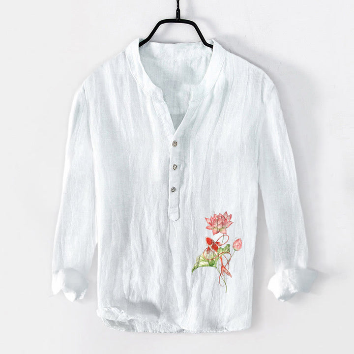 Buddha Stones męska z długim rękawem z bawełny i lnu z motywem pływających ryb Koi i motywem lotosu - Biały - US/UK/AU50, EU60 (5XL) - image 0