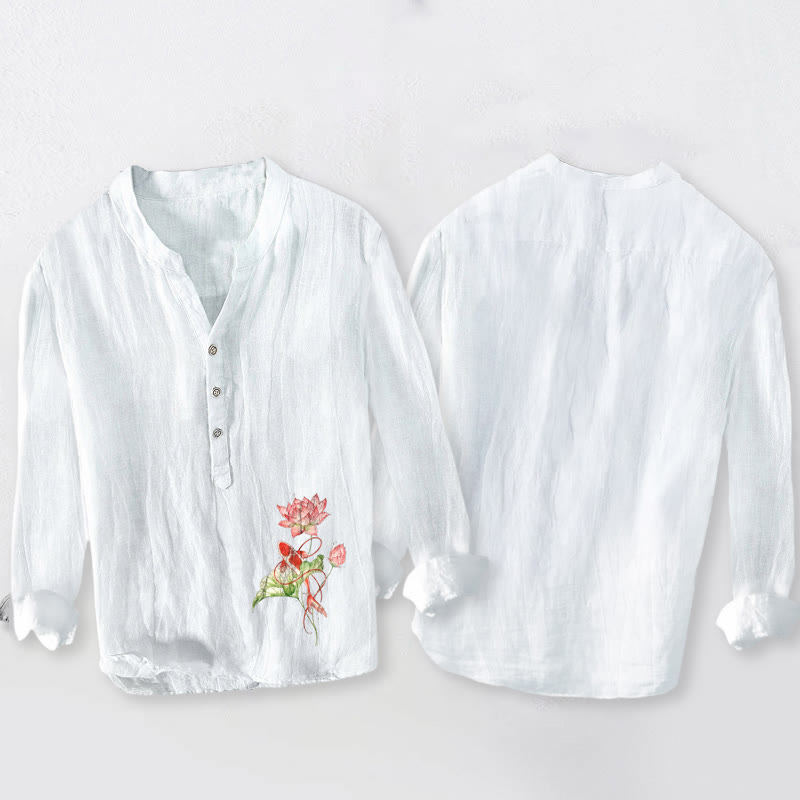 Buddha Stones męska z długim rękawem z bawełny i lnu z motywem pływających ryb Koi i motywem lotosu - image 2