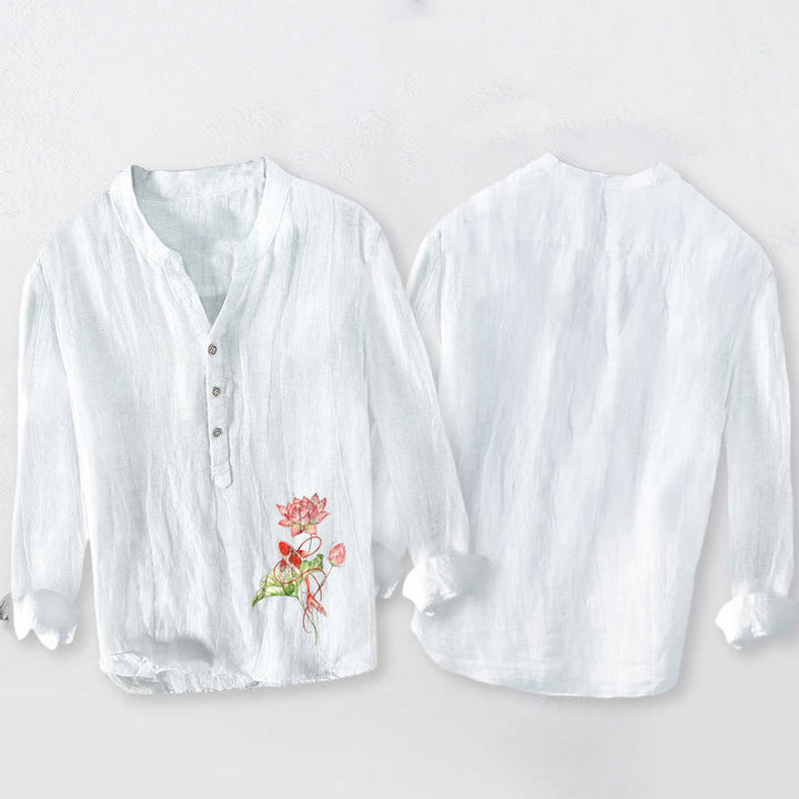 Buddha Stones męska z długim rękawem z bawełny i lnu z motywem pływających ryb Koi i motywem lotosu - image 2