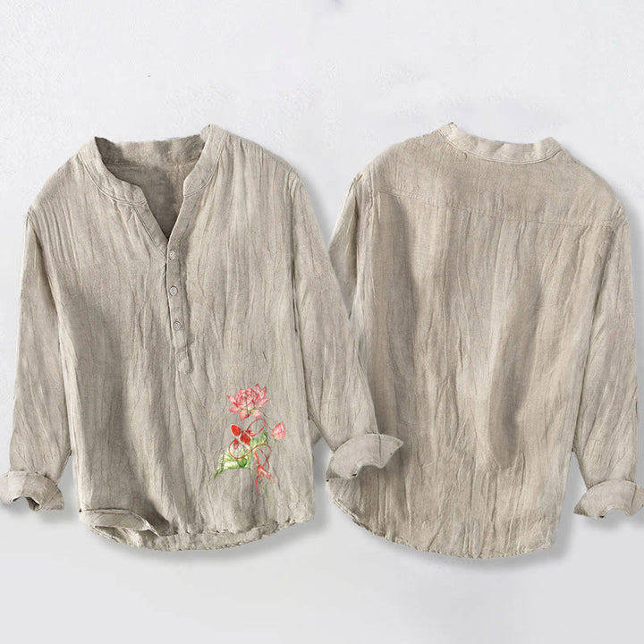 Buddha Stones męska z długim rękawem z bawełny i lnu z motywem pływających ryb Koi i motywem lotosu - image 5