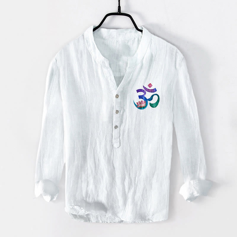 Koszula męska z długim rękawem z bawełny i lnu, z motywem symbolu OM i motywem kamieni Buddha Stones na pół guziki - image 8