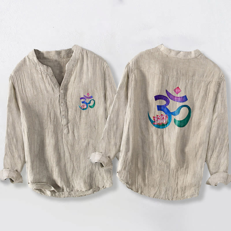 Koszula męska z długim rękawem z bawełny i lnu, z motywem symbolu OM i motywem kamieni Buddha Stones na pół guziki - Bielizna - US/UK/AU50, EU60 (5XL) - image 3