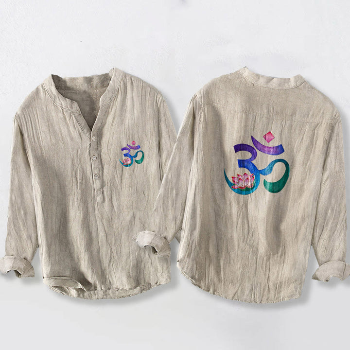 Koszula męska z długim rękawem z bawełny i lnu, z motywem symbolu OM i motywem kamieni Buddha Stones na pół guziki - Bielizna - US/UK/AU50, EU60 (5XL) - image 3