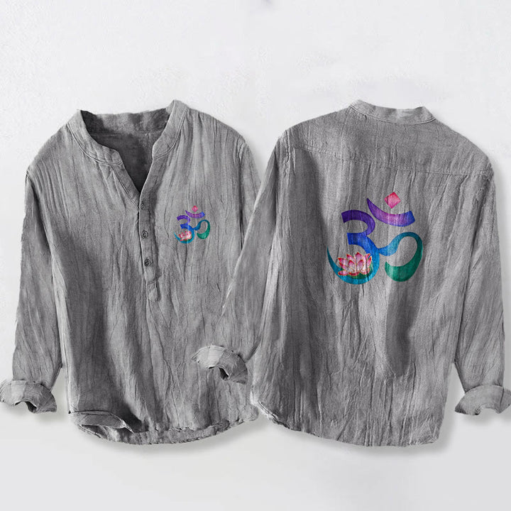 Koszula męska z długim rękawem z bawełny i lnu, z motywem symbolu OM i motywem kamieni Buddha Stones na pół guziki - Szary - US/UK/AU50, EU60 (5XL) - image 0