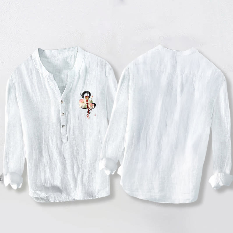 Koszula męska z długim rękawem z bawełny i lnu, z motywem latarni z motywem smoka i lotosu, zapinana na pół Buddha Stones - image 5