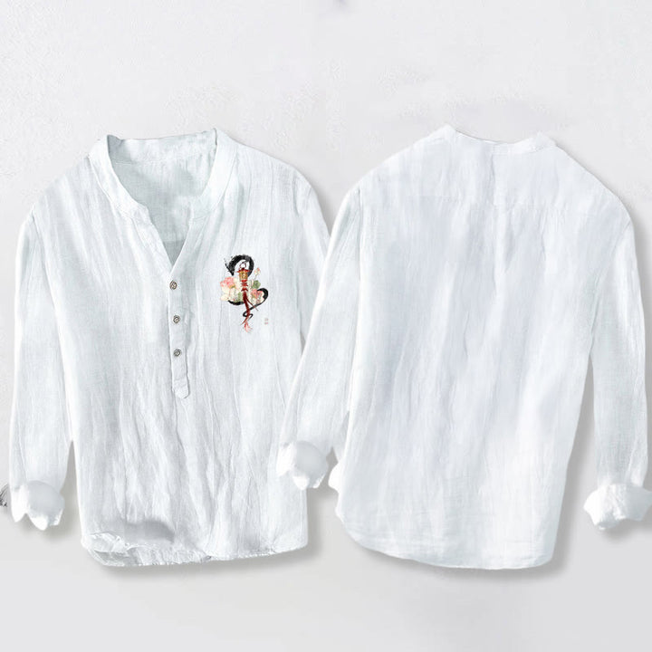 Koszula męska z długim rękawem z bawełny i lnu, z motywem latarni z motywem smoka i lotosu, zapinana na pół Buddha Stones - image 5