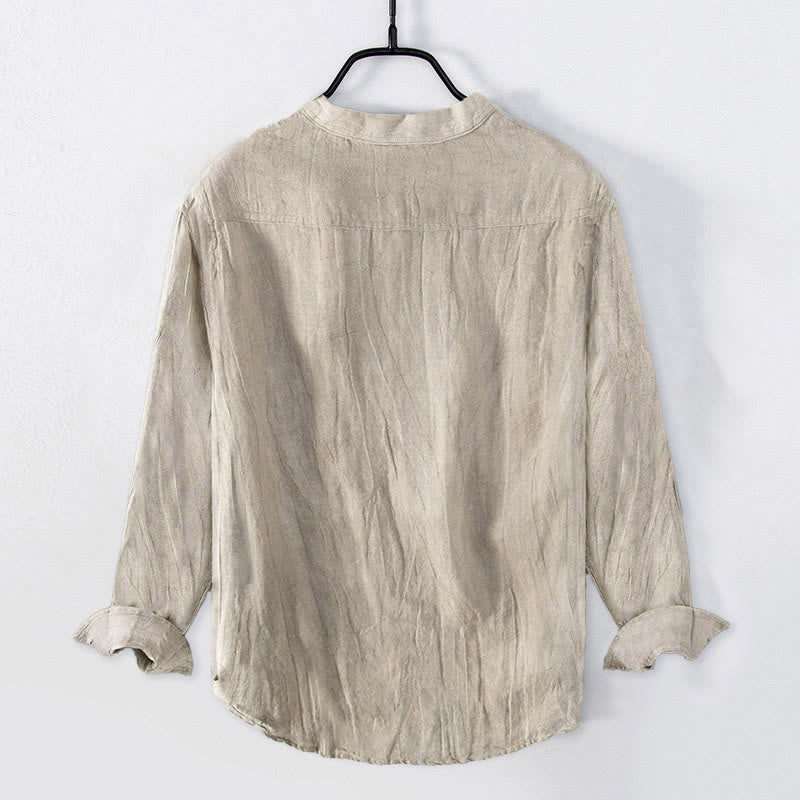 Koszula męska z długim rękawem z bawełny i lnu, z motywem latarni z motywem smoka i lotosu, zapinana na pół Buddha Stones - image 1