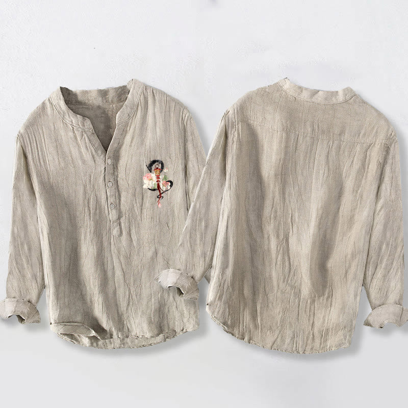 Koszula męska z długim rękawem z bawełny i lnu, z motywem latarni z motywem smoka i lotosu, zapinana na pół Buddha Stones - image 2