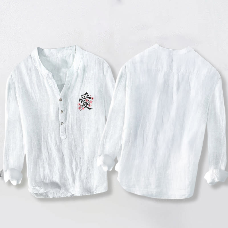 Koszula męska z długim rękawem z bawełny i lnu, z motywem Buddha Stones i motywem miłości, zapinana na pół guziki - image 8