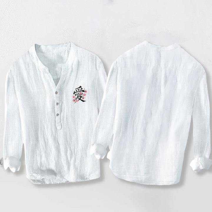 Koszula męska z długim rękawem z bawełny i lnu, z motywem Buddha Stones i motywem miłości, zapinana na pół guziki - image 8