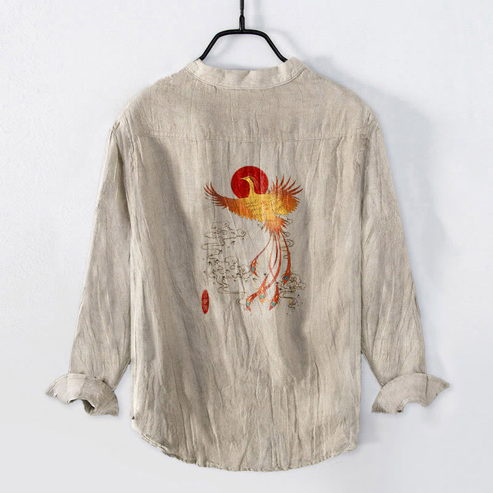 Koszula męska z długim rękawem z bawełny i lnu, z motywem chmur Buddha Stones i czerwonego słońca, zapinana na pół guziki - image 1