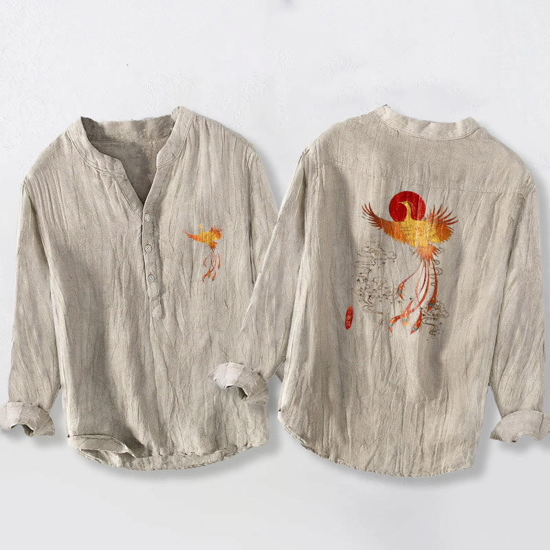 Koszula męska z długim rękawem z bawełny i lnu, z motywem chmur Buddha Stones i czerwonego słońca, zapinana na pół guziki - Bielizna - US/UK/AU50, EU60 (5XL) - image 0