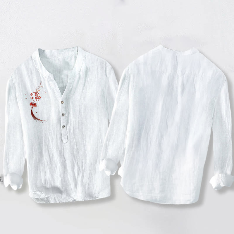 Koszula męska z długim rękawem z bawełny i lnu z motywem latarni z czerwonymi kwiatami i Buddha Stones - image 2