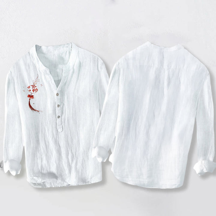 Koszula męska z długim rękawem z bawełny i lnu z motywem latarni z czerwonymi kwiatami i Buddha Stones - image 2