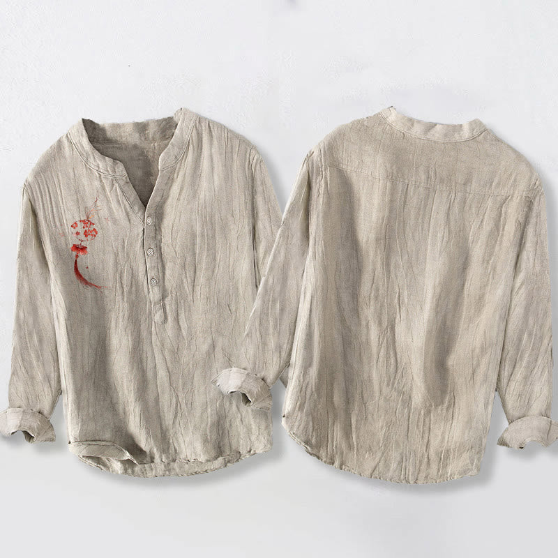 Koszula męska z długim rękawem z bawełny i lnu z motywem latarni z czerwonymi kwiatami i Buddha Stones - image 5