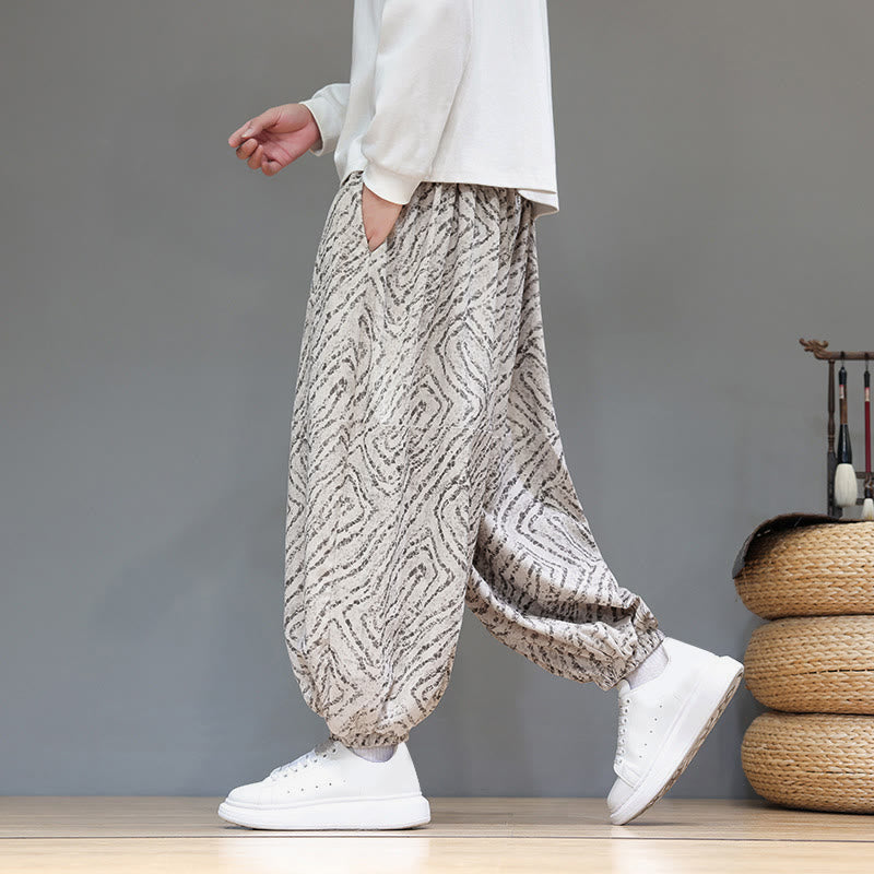 Męskie spodnie haremowe z kieszeniami, z teksturą sznurka ściągającego w kształcie Buddha Stones, z bawełny i lnu - image 1