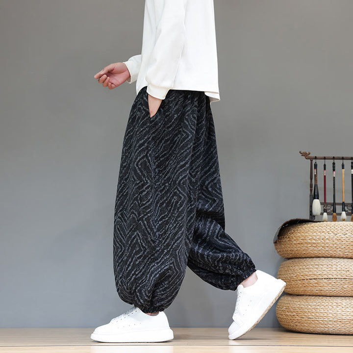 Męskie spodnie haremowe z kieszeniami, z teksturą sznurka ściągającego w kształcie Buddha Stones, z bawełny i lnu - Czarny - US/UK/AU46， EU56 (5XL) - image 10