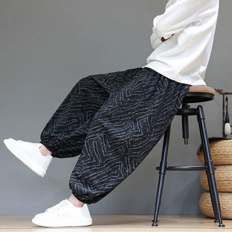 Męskie spodnie haremowe z kieszeniami, z teksturą sznurka ściągającego w kształcie Buddha Stones, z bawełny i lnu - image 18