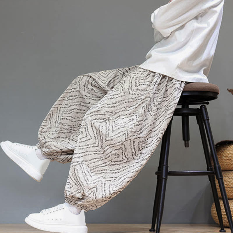 Męskie spodnie haremowe z kieszeniami, z teksturą sznurka ściągającego w kształcie Buddha Stones, z bawełny i lnu - image 9