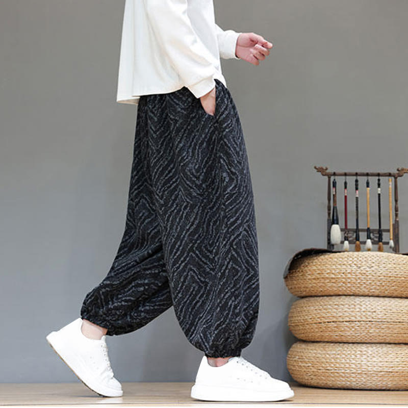 Męskie spodnie haremowe z kieszeniami, z teksturą sznurka ściągającego w kształcie Buddha Stones, z bawełny i lnu - image 15