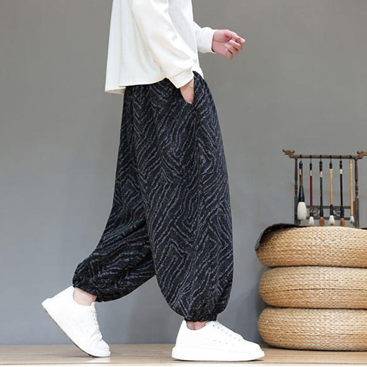 Męskie spodnie haremowe z kieszeniami, z teksturą sznurka ściągającego w kształcie Buddha Stones, z bawełny i lnu - image 15