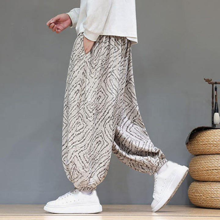 Męskie spodnie haremowe z kieszeniami, z teksturą sznurka ściągającego w kształcie Buddha Stones, z bawełny i lnu - image 8