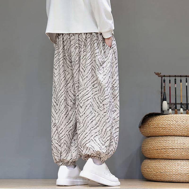 Męskie spodnie haremowe z kieszeniami, z teksturą sznurka ściągającego w kształcie Buddha Stones, z bawełny i lnu - image 4