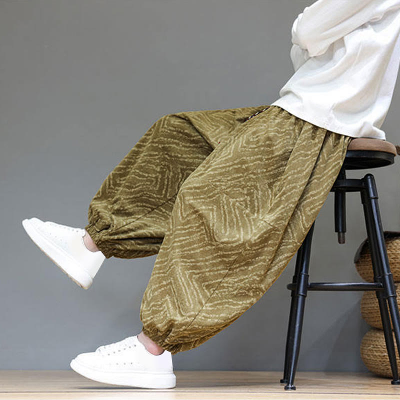 Męskie spodnie haremowe z kieszeniami, z teksturą sznurka ściągającego w kształcie Buddha Stones, z bawełny i lnu - image 39