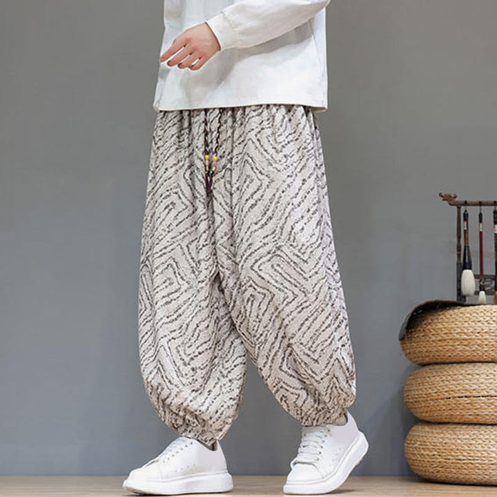 Męskie spodnie haremowe z kieszeniami, z teksturą sznurka ściągającego w kształcie Buddha Stones, z bawełny i lnu - Beżowy - US/UK/AU46， EU56 (5XL) - image 0