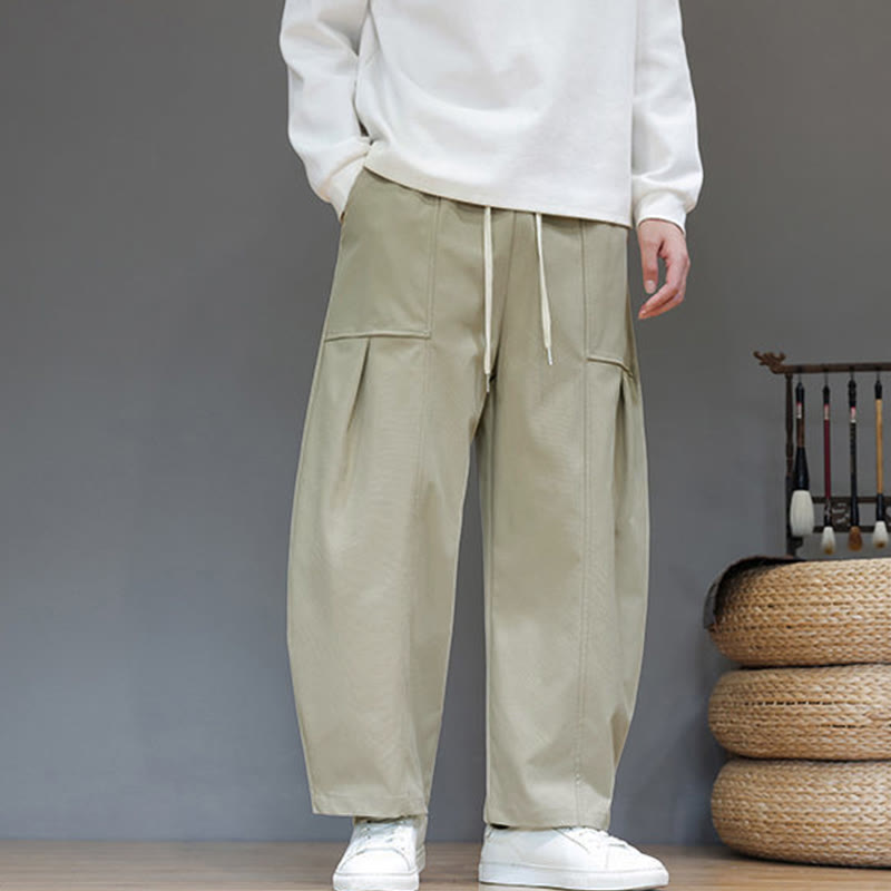 Męskie spodnie haremowe z skróconymi nogawkami i kieszeniami, z bawełny w kolorze naturalnym i Buddha Stones - Ciemny Khaki - US/UK/AU46， EU56 (5XL) - image 0