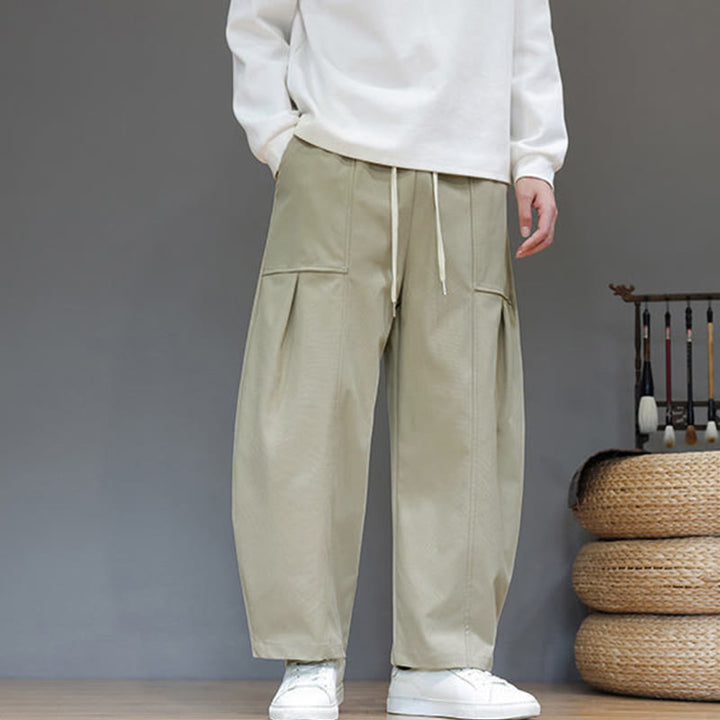 Męskie spodnie haremowe z skróconymi nogawkami i kieszeniami, z bawełny w kolorze naturalnym i Buddha Stones - Ciemny Khaki - US/UK/AU46， EU56 (5XL) - image 0