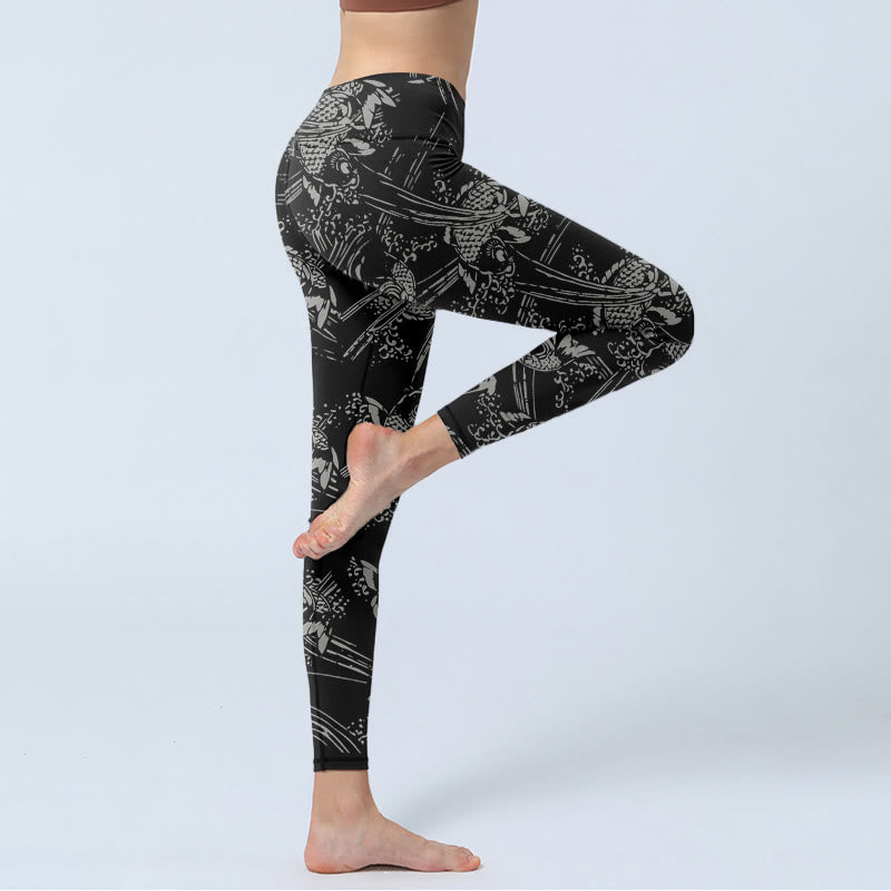 Legginsy do jogi damskie z nadrukiem w czarne Buddha Stones z motywem ryby koi - image 4