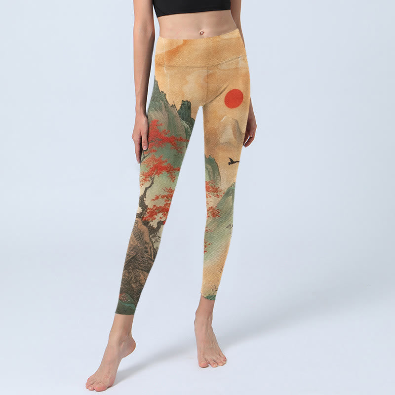 Damskie legginsy do jogi z nadrukiem, Buddha Stones , górami i drzewami oraz wschodzącym słońcem - image 5