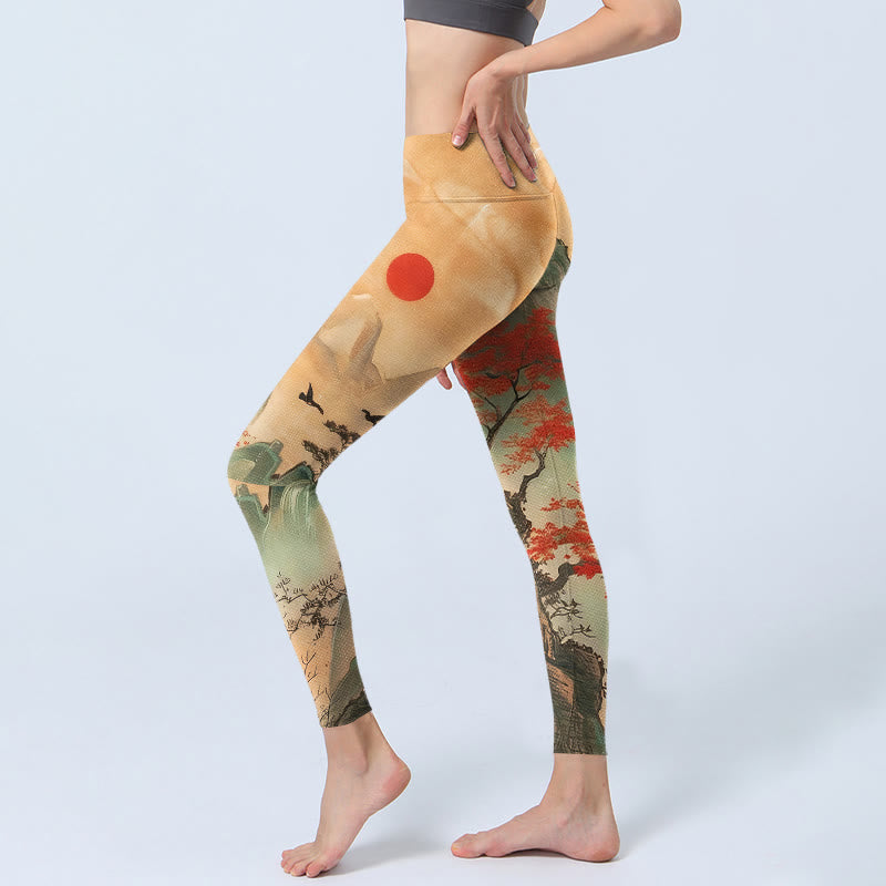 Damskie legginsy do jogi z nadrukiem, Buddha Stones , górami i drzewami oraz wschodzącym słońcem - image 2