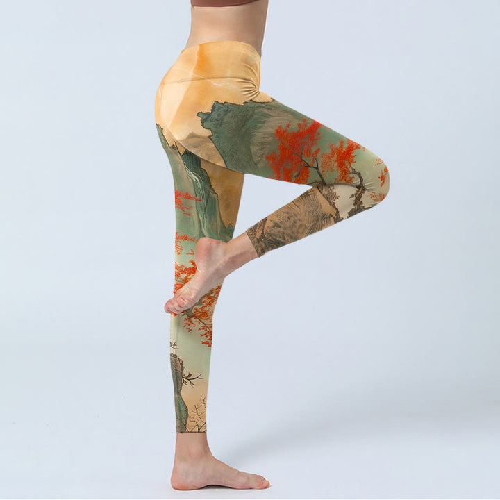 Damskie legginsy do jogi z nadrukiem, Buddha Stones , górami i drzewami oraz wschodzącym słońcem - image 4