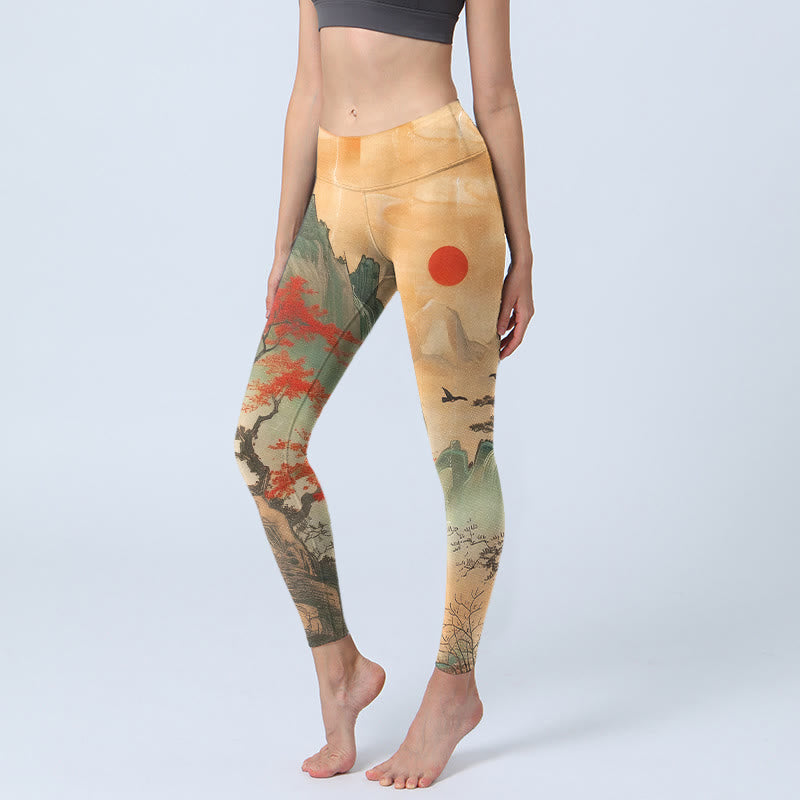 Damskie legginsy do jogi z nadrukiem, Buddha Stones , górami i drzewami oraz wschodzącym słońcem - SandyBrown - US18, UK/AU22, EU50 (4XL) - image 0