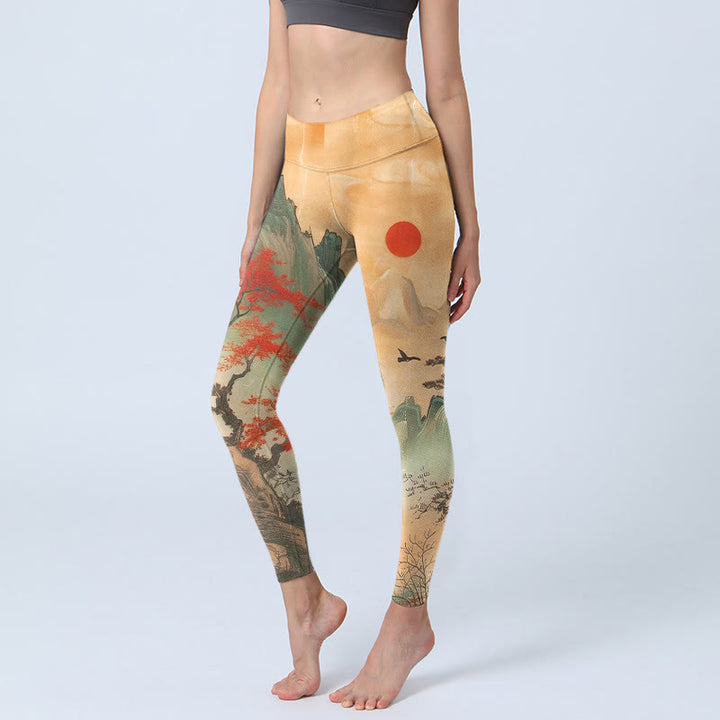 Damskie legginsy do jogi z nadrukiem, Buddha Stones , górami i drzewami oraz wschodzącym słońcem - SandyBrown - US18, UK/AU22, EU50 (4XL) - image 0