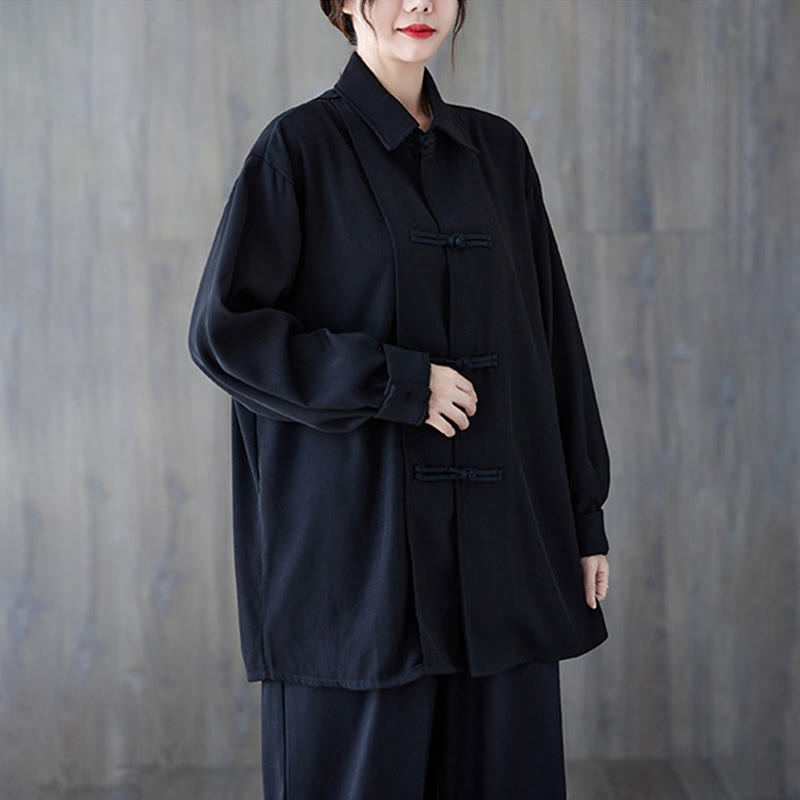 Koszula damska z długim rękawem z bawełny Buddha Stones w kolorze czarnym, gładka, z żabą i guzikami - image 4