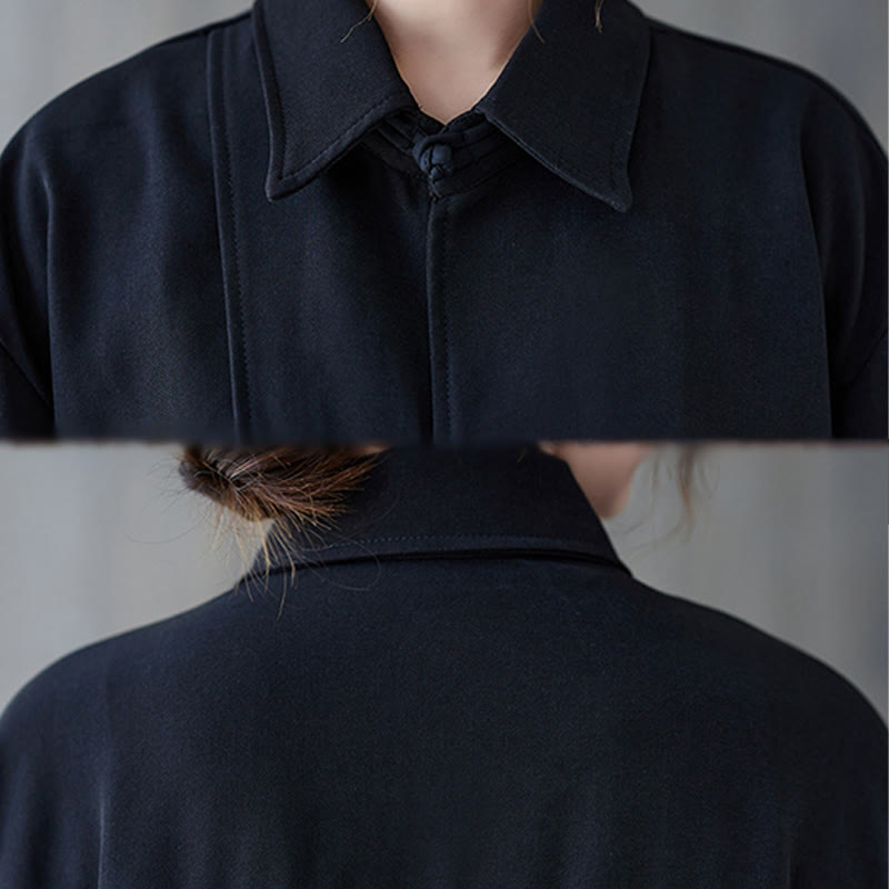 Koszula damska z długim rękawem z bawełny Buddha Stones w kolorze czarnym, gładka, z żabą i guzikami - image 10