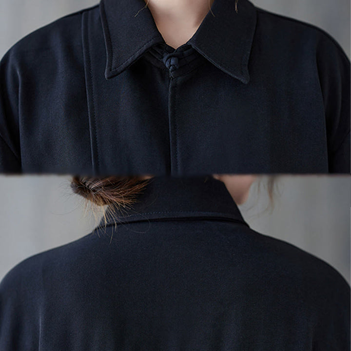 Koszula damska z długim rękawem z bawełny Buddha Stones w kolorze czarnym, gładka, z żabą i guzikami - image 10