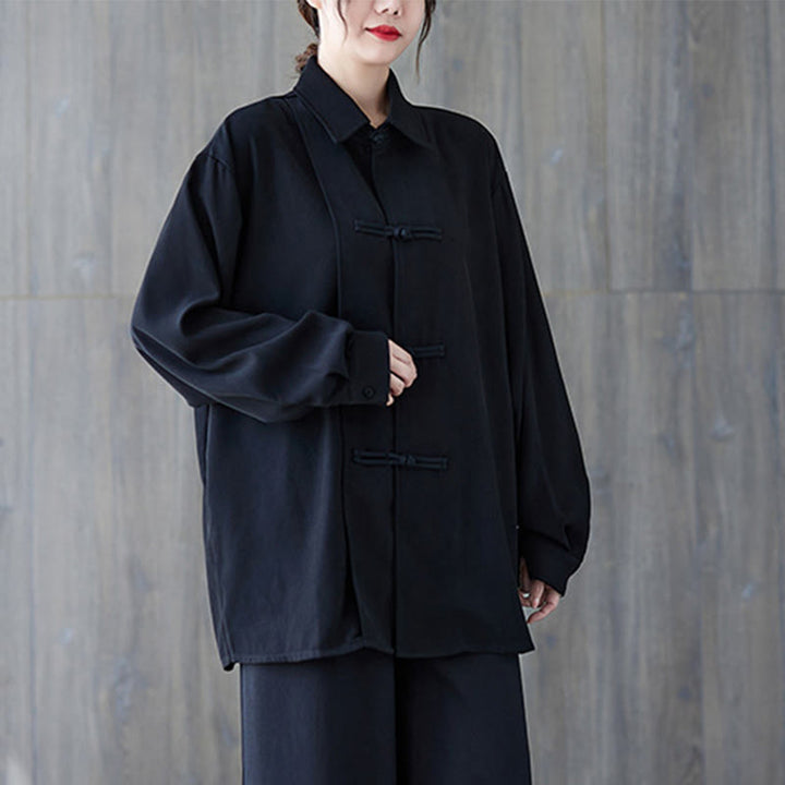 Koszula damska z długim rękawem z bawełny Buddha Stones w kolorze czarnym, gładka, z żabą i guzikami - image 2