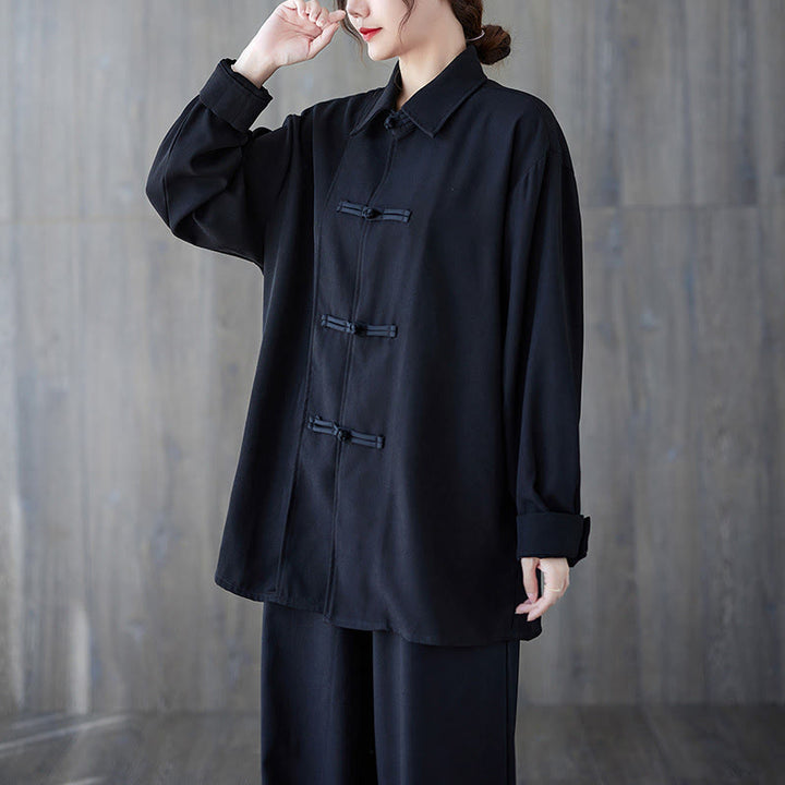 Koszula damska z długim rękawem z bawełny Buddha Stones w kolorze czarnym, gładka, z żabą i guzikami - image 1