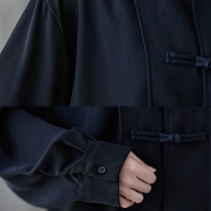 Koszula damska z długim rękawem z bawełny Buddha Stones w kolorze czarnym, gładka, z żabą i guzikami - image 11